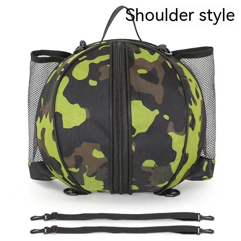 Black Oxford cloth basketball bag with one shoulder strap, shown next to a basketball.