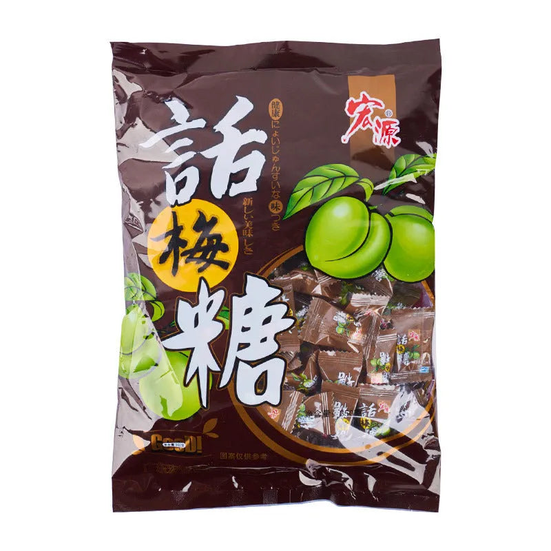 Bag of mixed hard candies in plum, guava, and tangerine peel flavours, total weight 1055g.