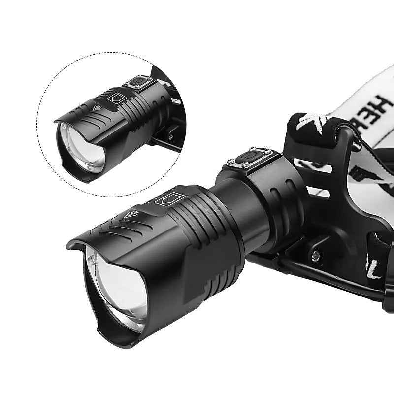 Black USB rechargeable headlight with telescopic zoom lens and headband mounting
