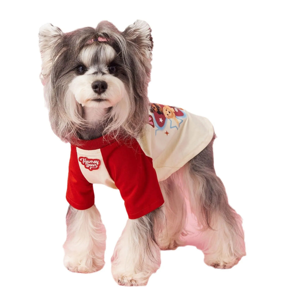 Cotton dog t-shirt with embroidered red and pink contrast colours for summer wear