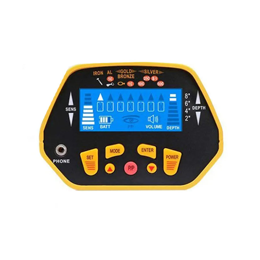 GC1028 black and yellow professional metal detector with LCD screen and adjustable pole.
