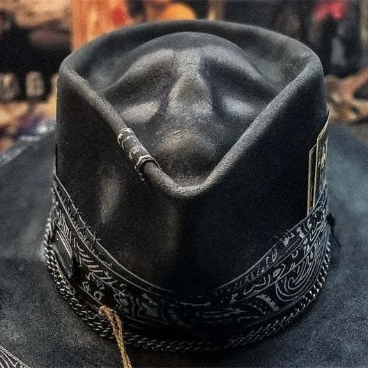 Handmade wool felt conical crown skull hat in denim style for Halloween