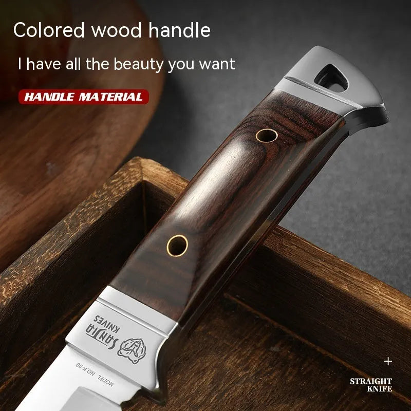 Camping portable fruit knife with stainless steel blade and leather sheath in national style design
