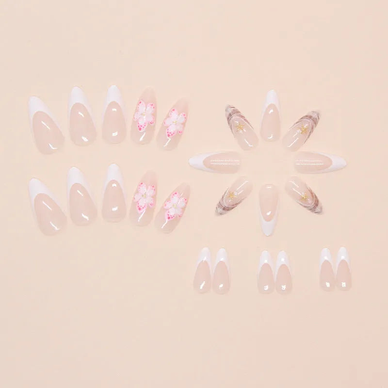 French style press-on false nails with simple flower and rock pattern design, colour W1764, in a plastic kit.