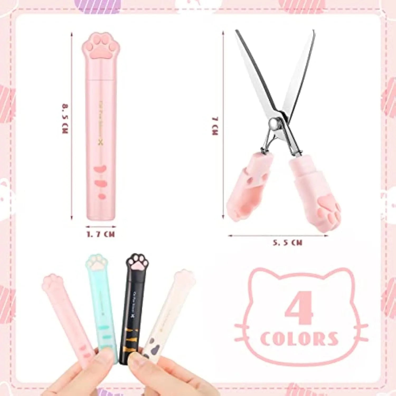 Cat paw mini folding scissors in four colours with stainless steel blades, folded to 8.7 cm length
