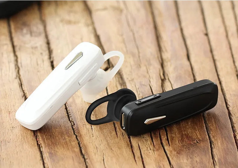 M165 wireless Bluetooth headset in black with hang-on ear design showing battery display