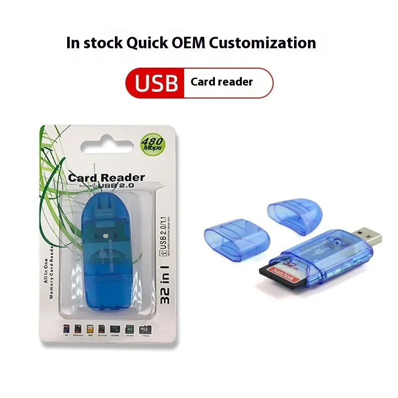 Transparent USB 2.0 card reader with clear plastic housing showing internal components