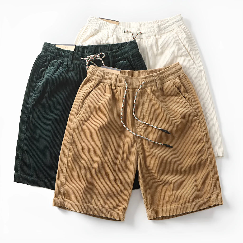 Men's retro American-style cargo shorts in polyester fabric shown in khaki colour