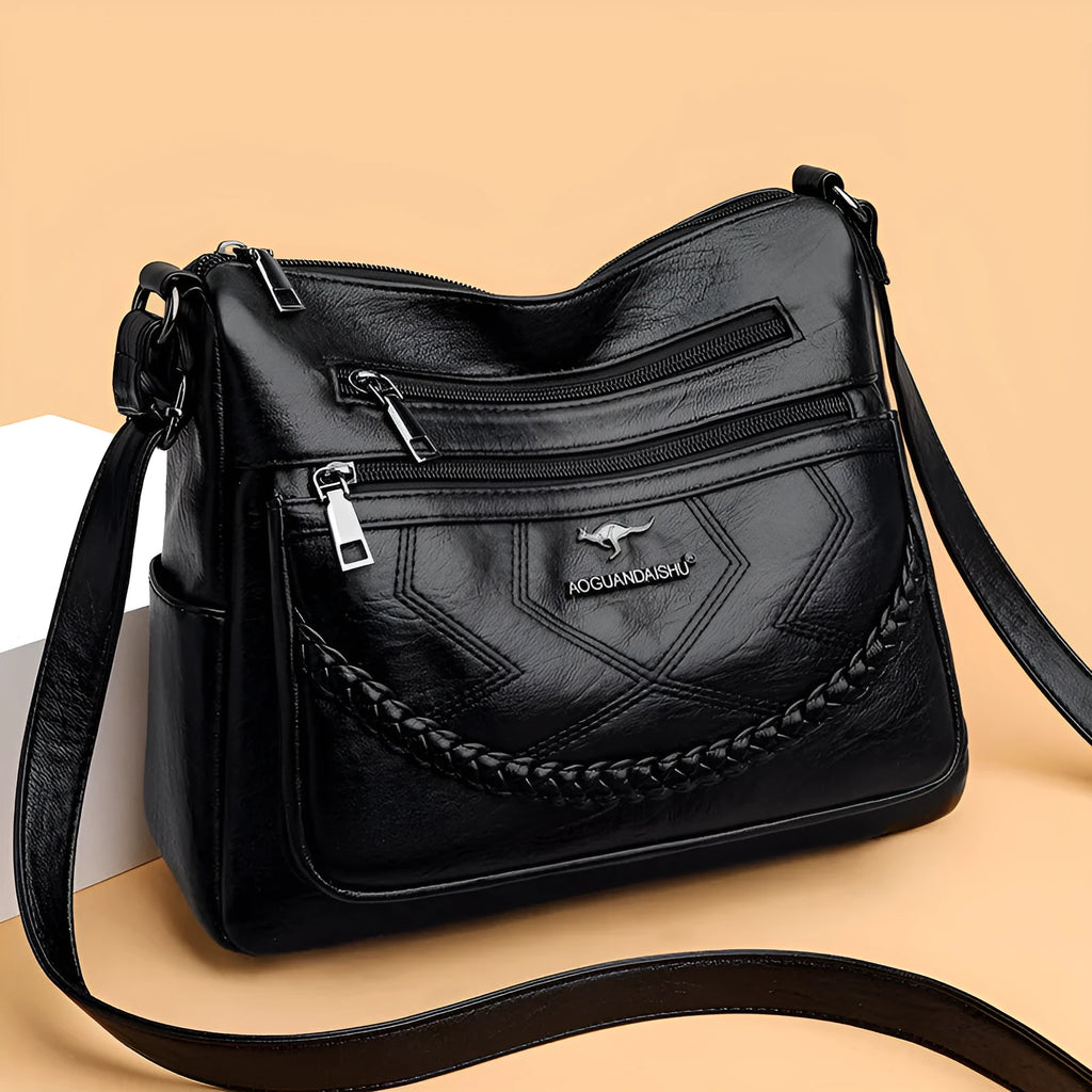 Women's soft PU leather crossbody shoulder bag in horizontal square shape with sandwich pocket