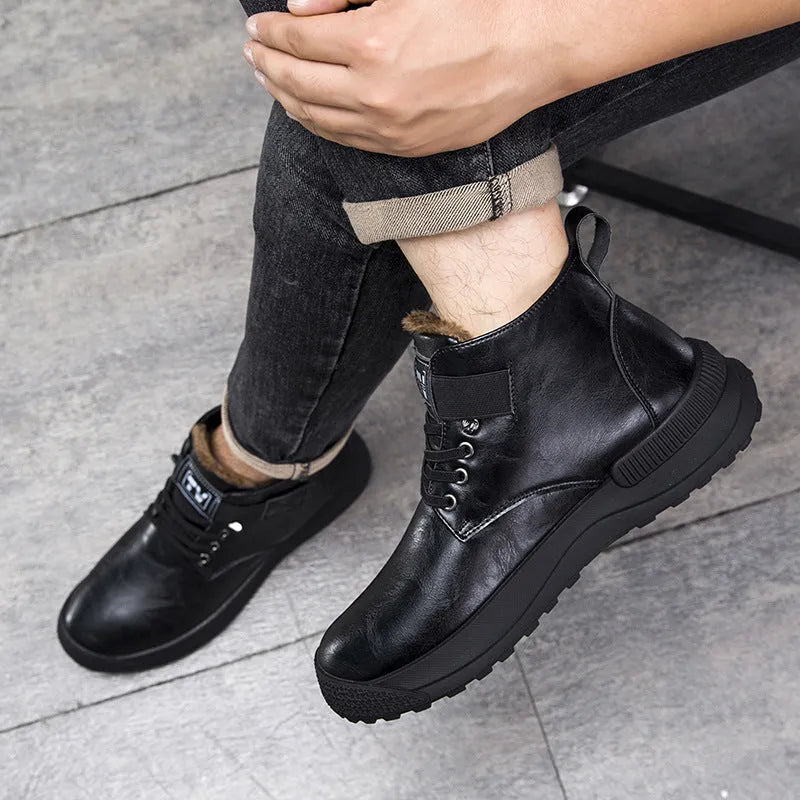 Black Martin high-top platform boots with artificial PU upper and rubber sole on a white background