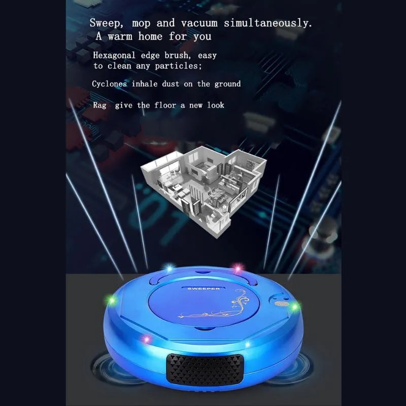 Lazy Smart Robot Vacuum Cleaner in blue on a hard floor