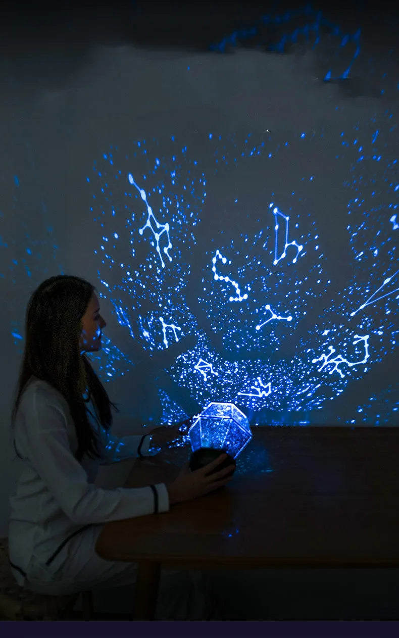 Children's rotating stars LED night light projecting colourful star patterns on a wall