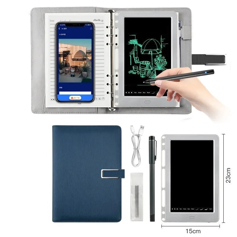 85-inch black electronic writing pad with stitching design and smart pen on a desk