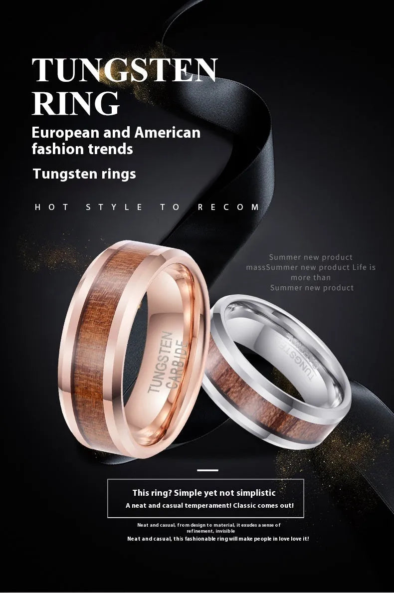 Men's 8mm wide U-shaped tungsten ring in rose gold finish on a grey background.