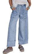 Beau blue wide-leg denim trousers with drawstring waist and raw hem detailing