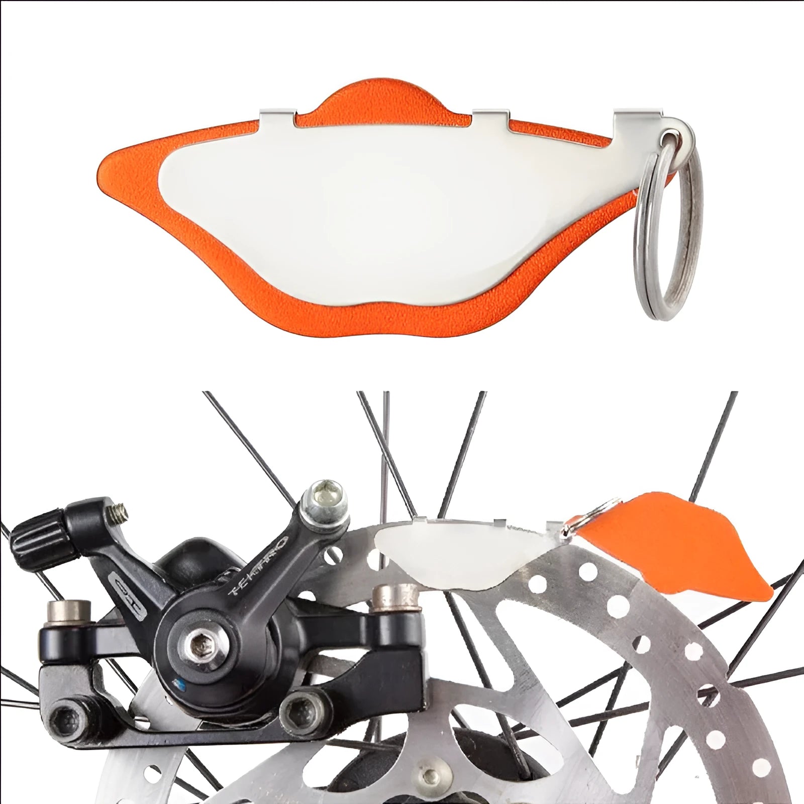 Mountain bike disc brake pads in black and orange colours with metal construction