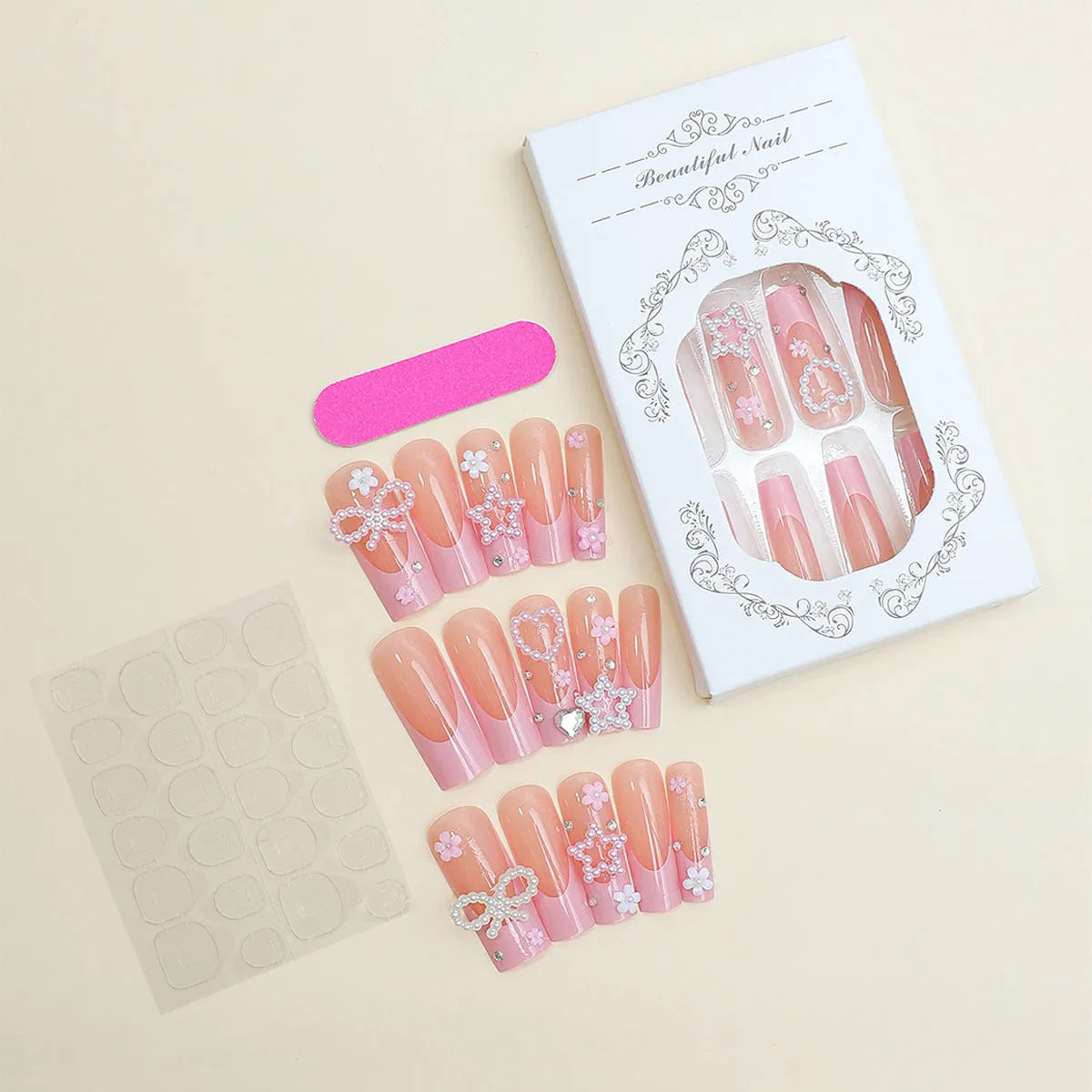 Super long water pipe French spot drill bow wear false nails with love pattern in colour XB-70-48