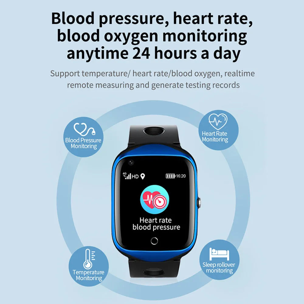 Black elderly smartwatch with square 1.3-inch screen and silicone strap for GPS safety tracking.