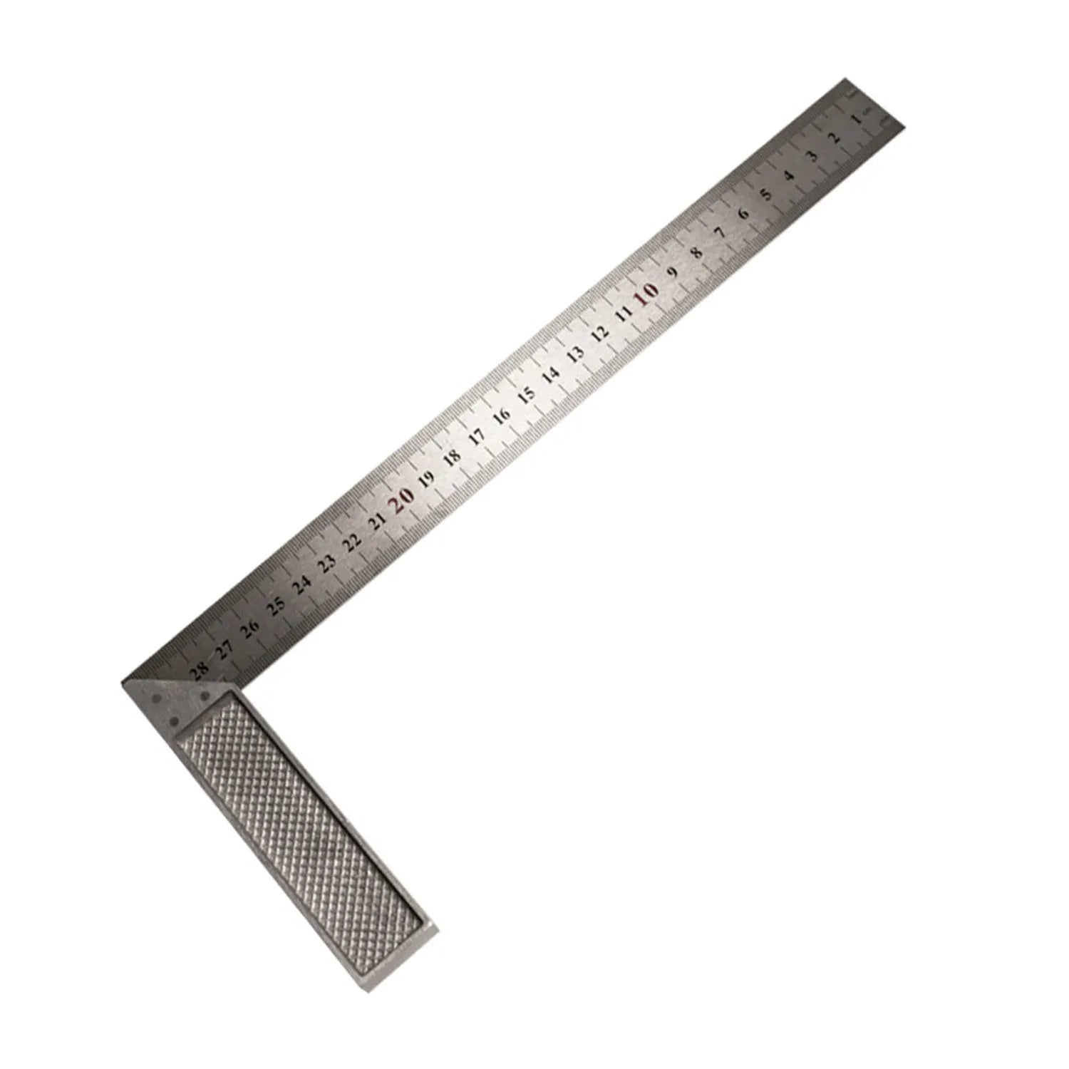 Two thin red 7-inch metal combination angle rulers with metric scales inside a transparent plastic storage bag.