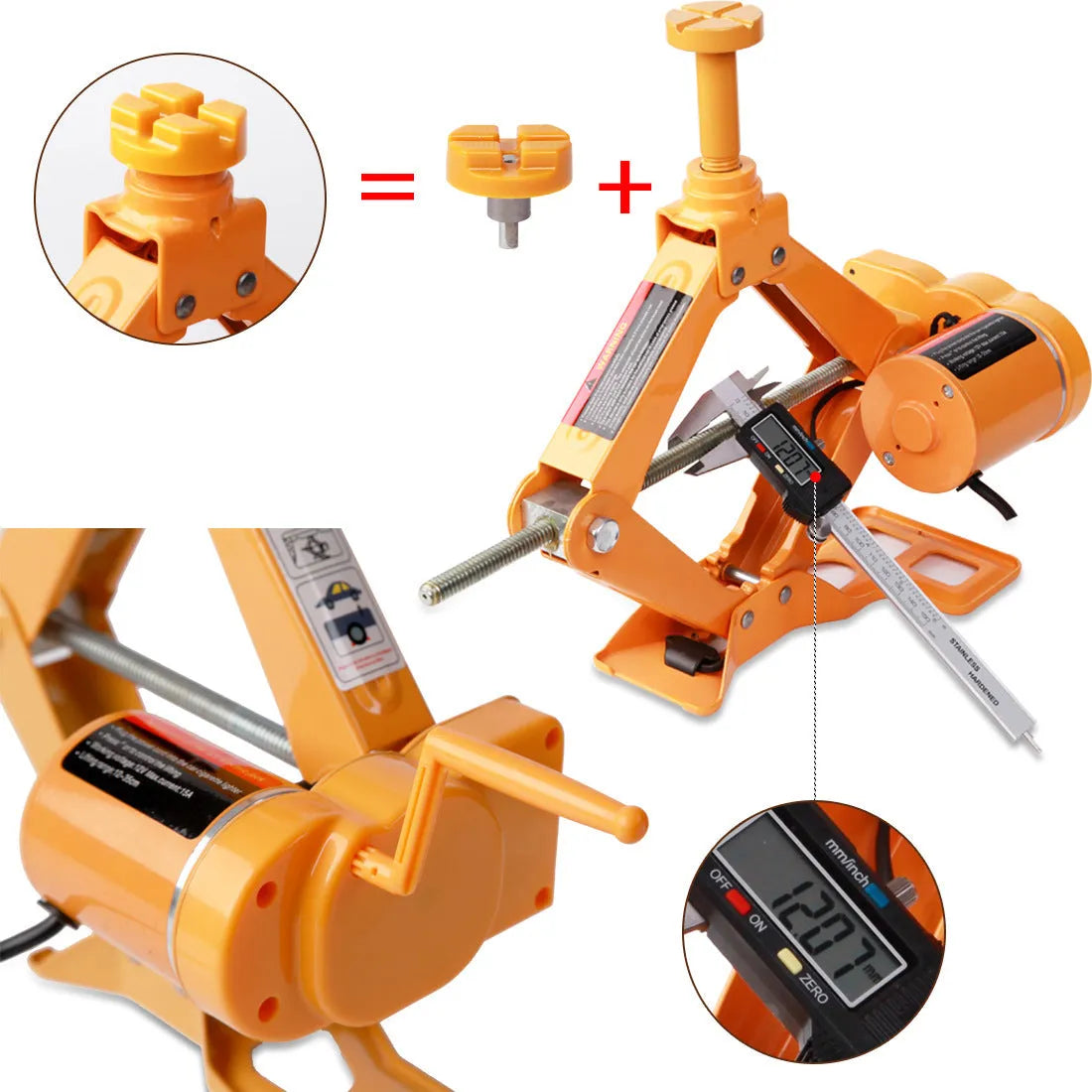 Yellow car electric jack set with hydraulic lift and electric wrench for tyre changes