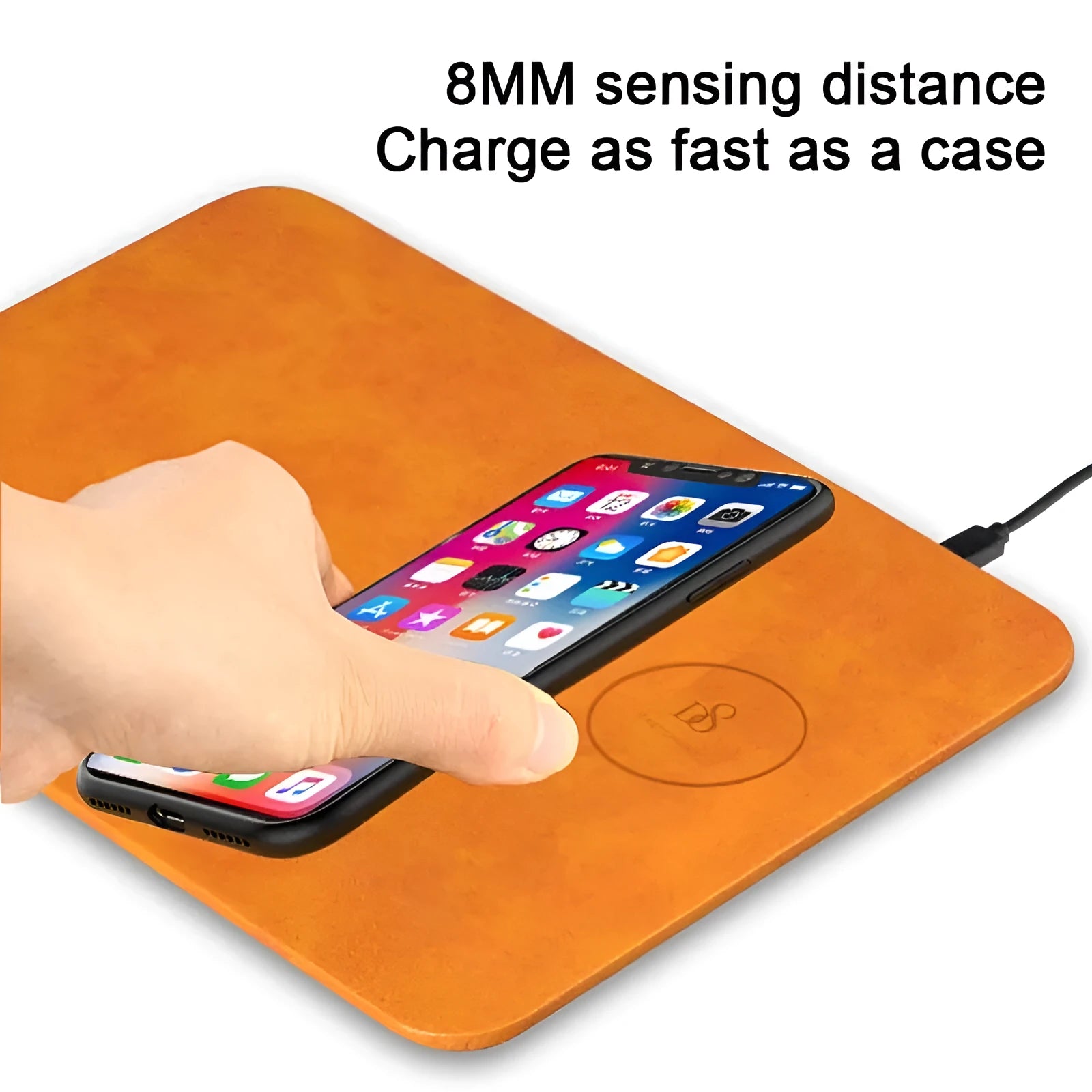 Brown leather-textured wireless charging mouse pad with micro USB cable