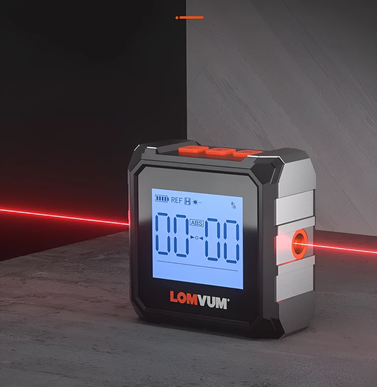 Digital laser inclinometer tape measure with alloy casing and backlit display on a metal surface.