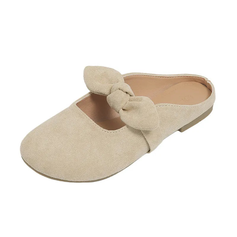 Plus size women's bow toe half slippers in artificial PU, rubber sole, apricot colour, sizes 35-43