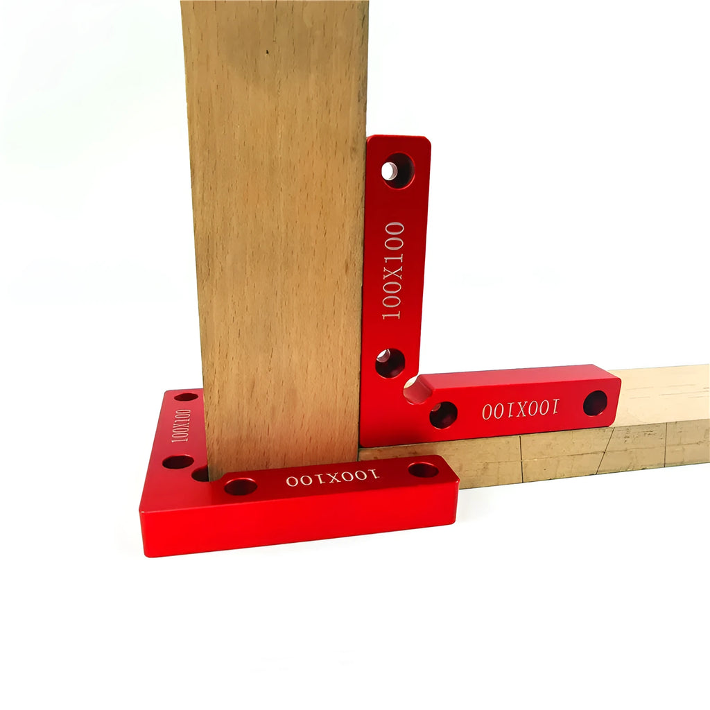 Aluminium right angle woodworking positioning block with scale, shown next to 100mm and 120mm size options.