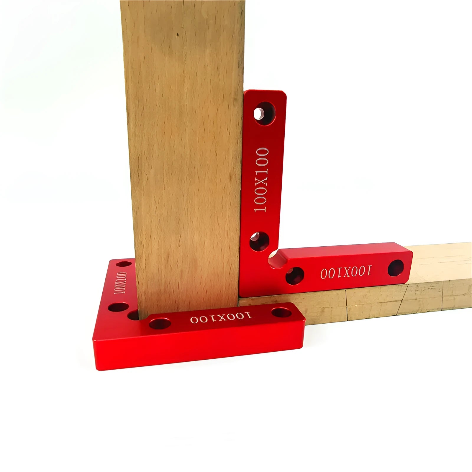 Aluminium right angle woodworking positioning block with scale, shown next to 100mm and 120mm size options.