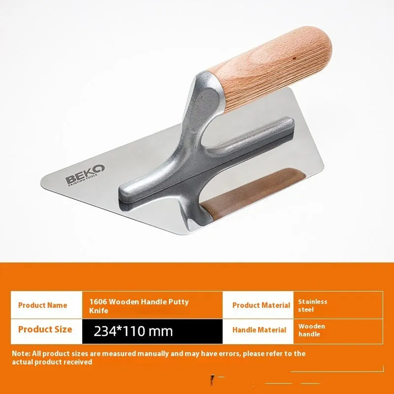Stainless steel putty scraper with a wooden handle shown with different blade size options
