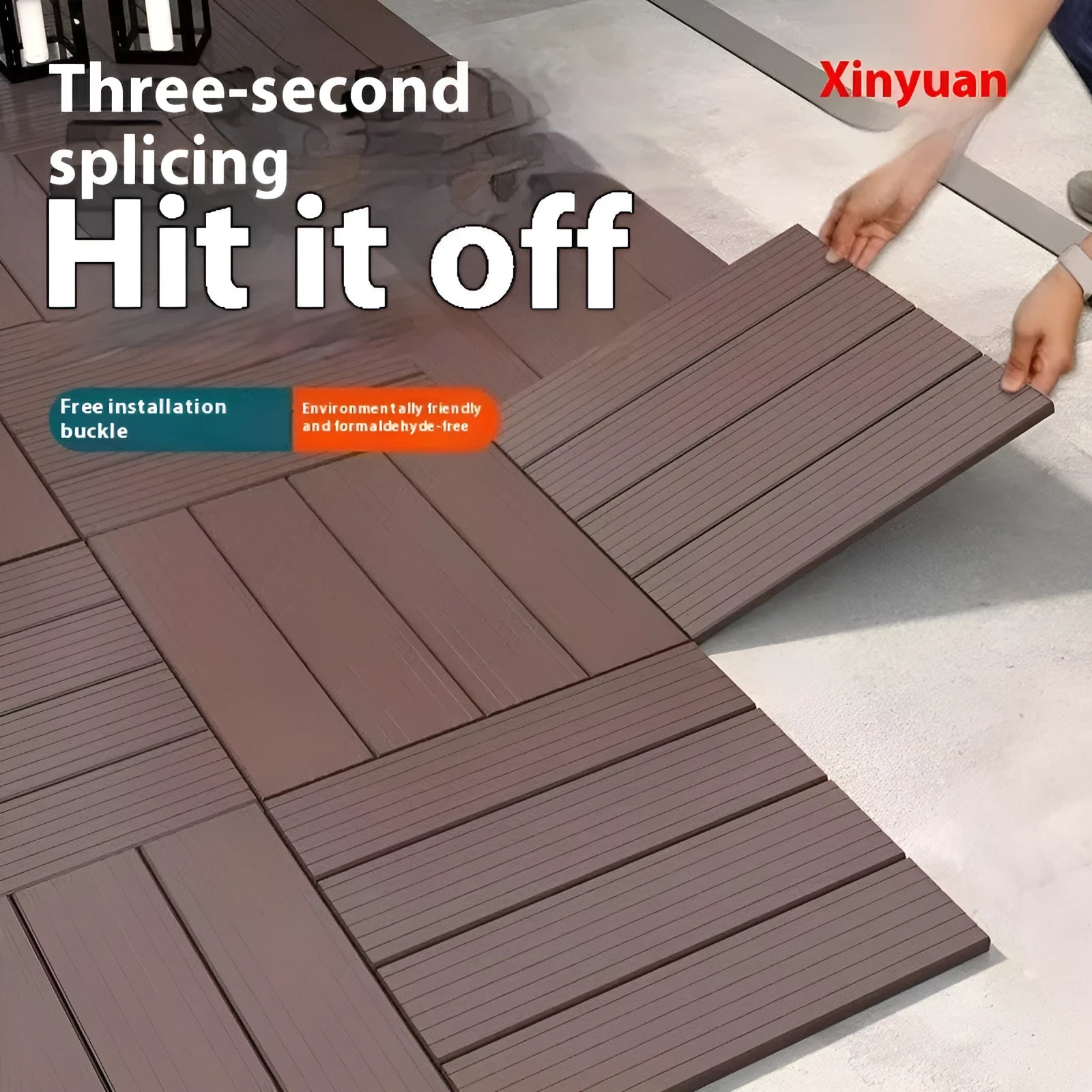 Ten wood grain finish plastic interlocking floor tiles showing their 300x300mm size and non-slip surface.
