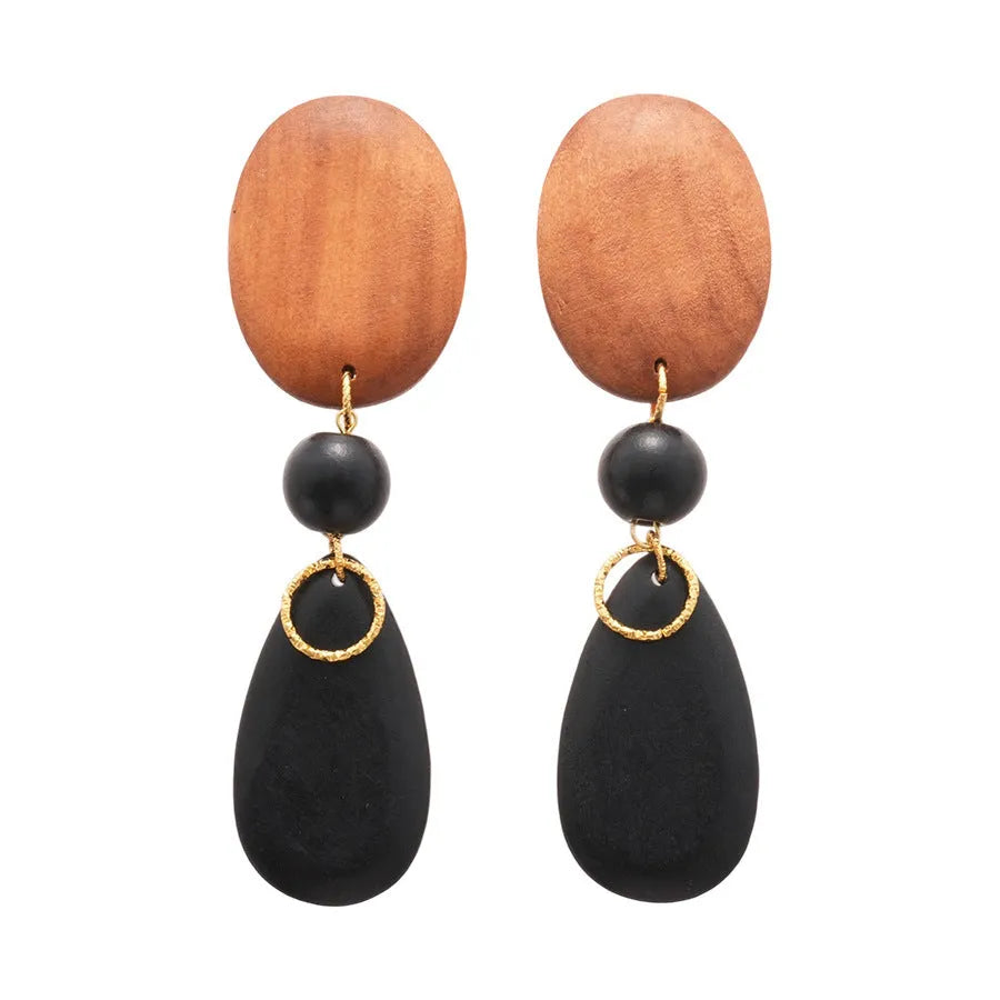 Pair of wooden retro-style ellipse earrings in silver needle-brown-black colour.