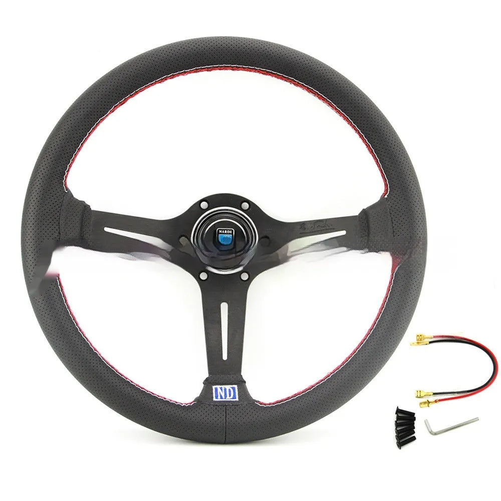 14-inch leather steering wheel with middle concave design showing black skeleton frame