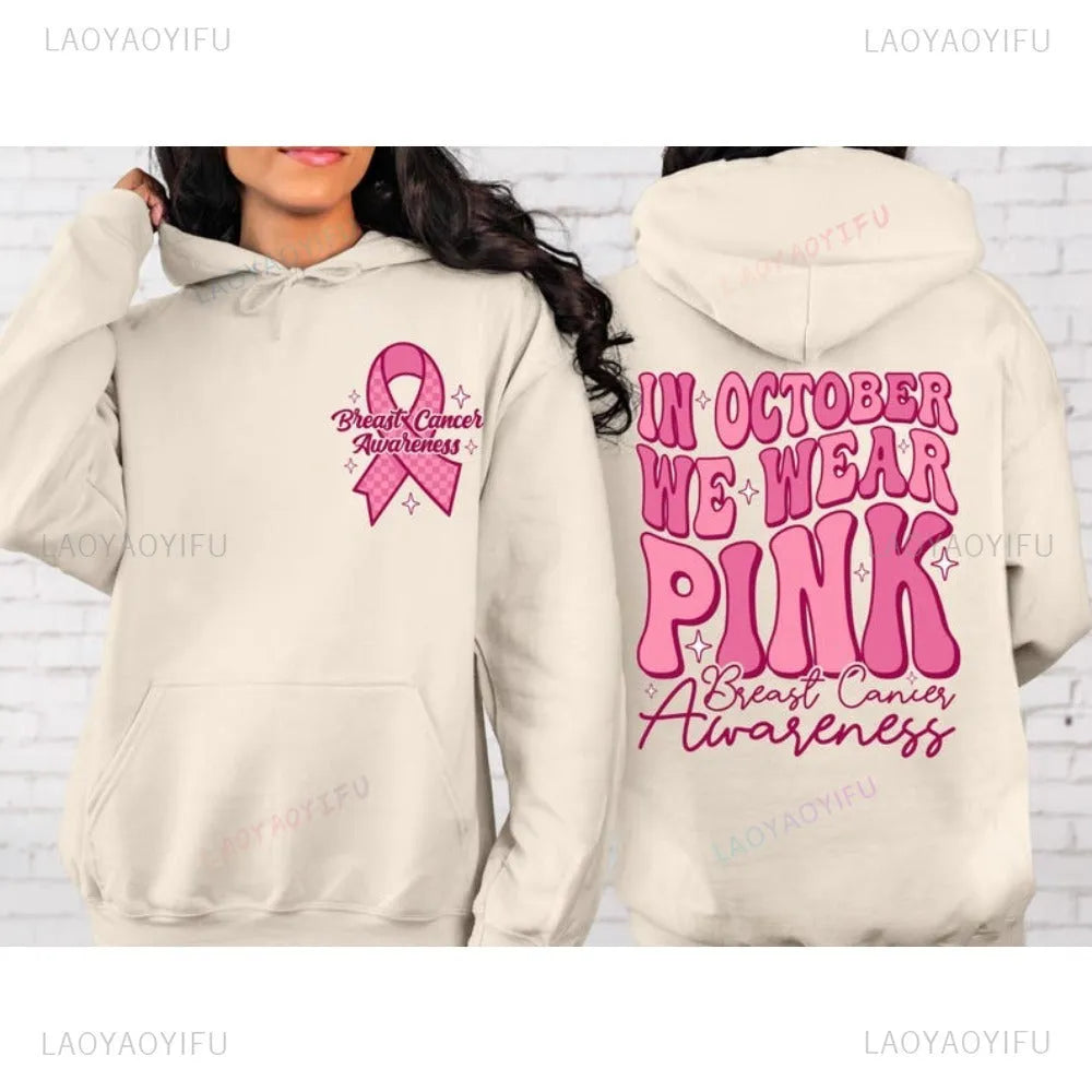 Breast Cancer Awareness hoodie with retro hot stamp design and side seam pocket in selected colour.
