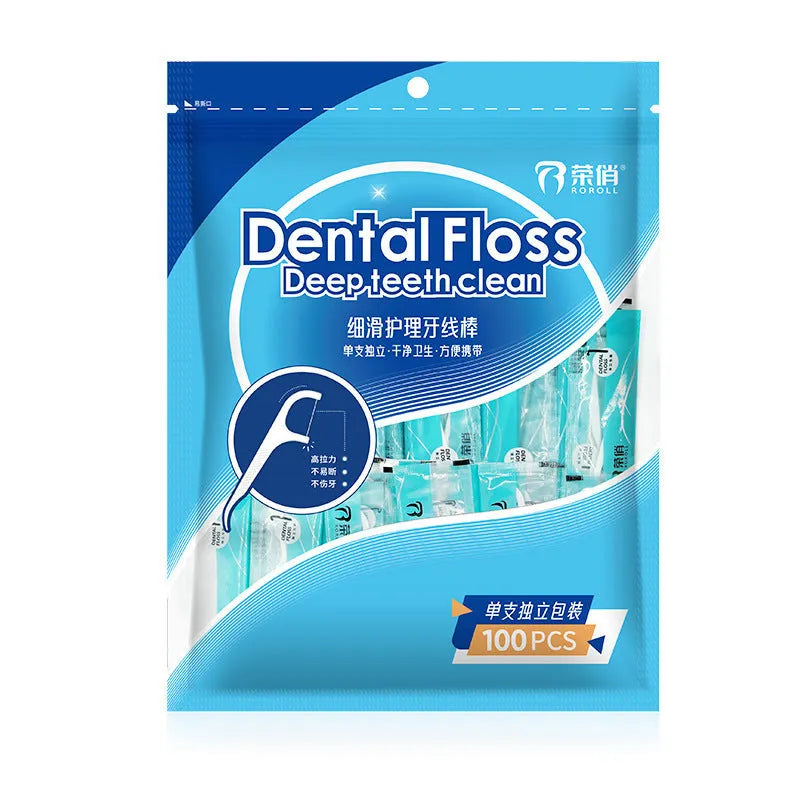 Disposable dental floss in plastic packaging with independent single packs and bulk pack options