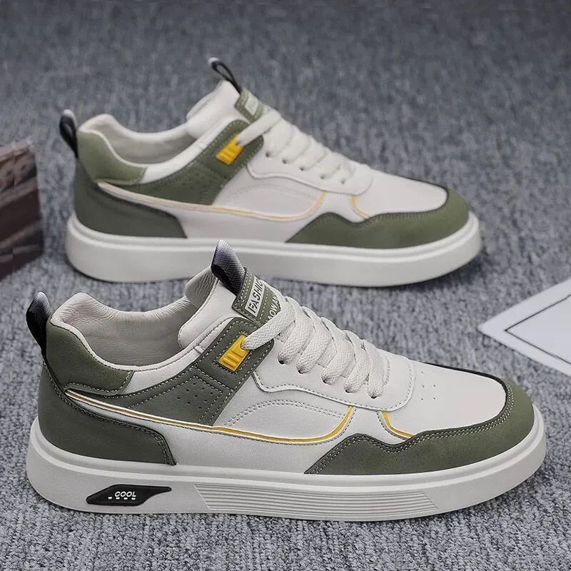 Men's low-top canvas board shoes in beige with leather stitching and mesh lining.