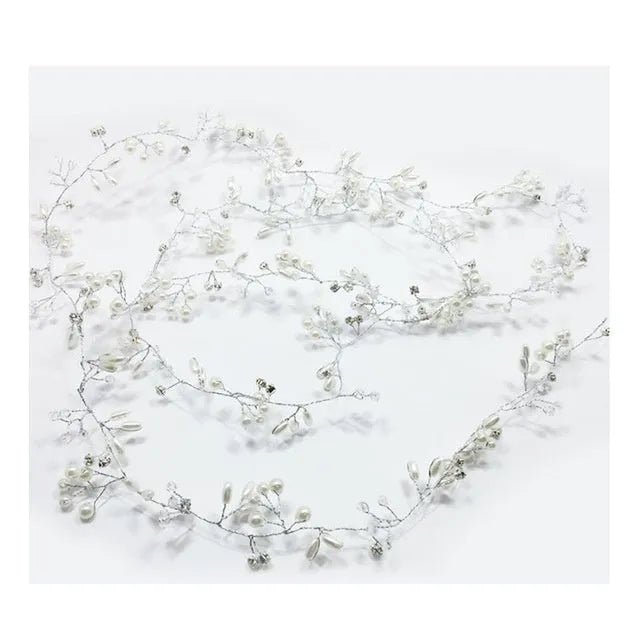 Gold and silver long hair band for weddings with crystal and pearl decoration on a wired base.