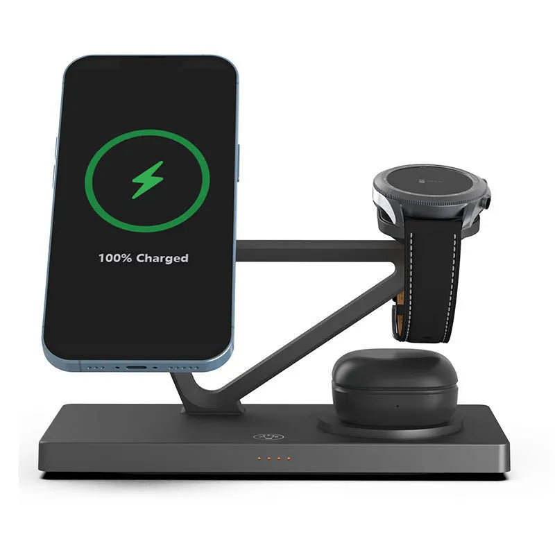 White five-in-one wireless charging station with night lamp, phone charging bracket, watch charger and circular charging base