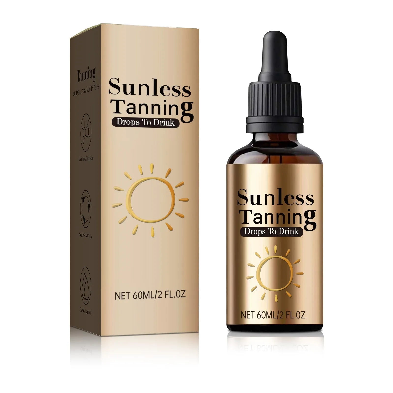 Black bottle containing 60ml of unisex oral drops for universal skin care