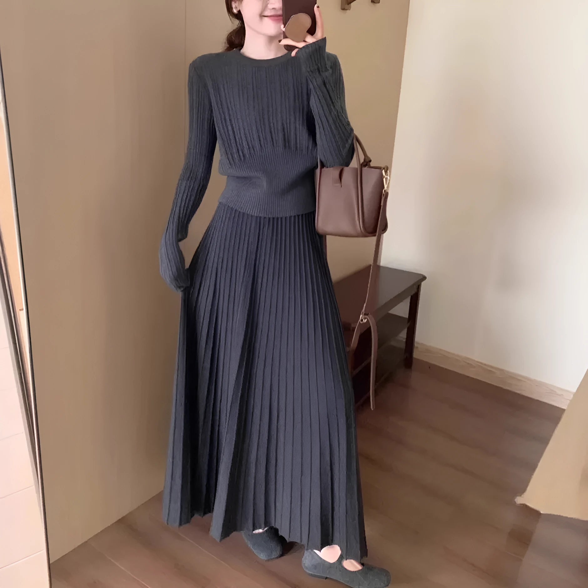 Dark grey ethnic style knitted dress suit with 3D pattern and collage stitching, two-piece set with sweater and skirt