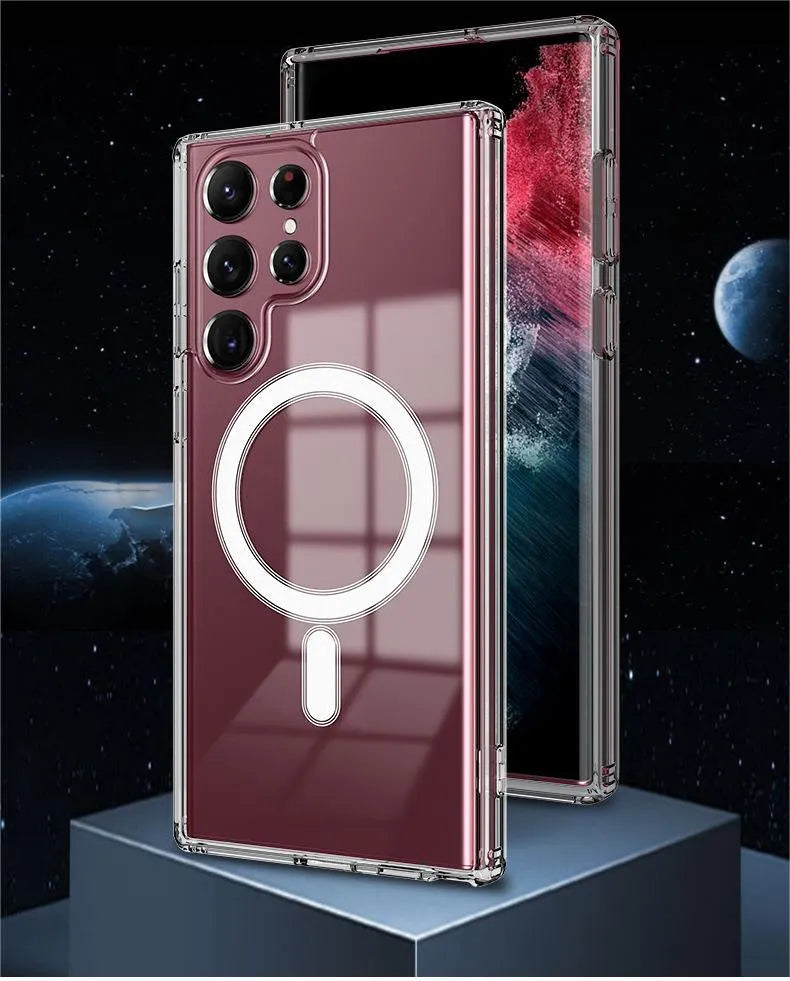 Transparent magnetic TPU phone case for Samsung S21, S22, S23 models on a table.