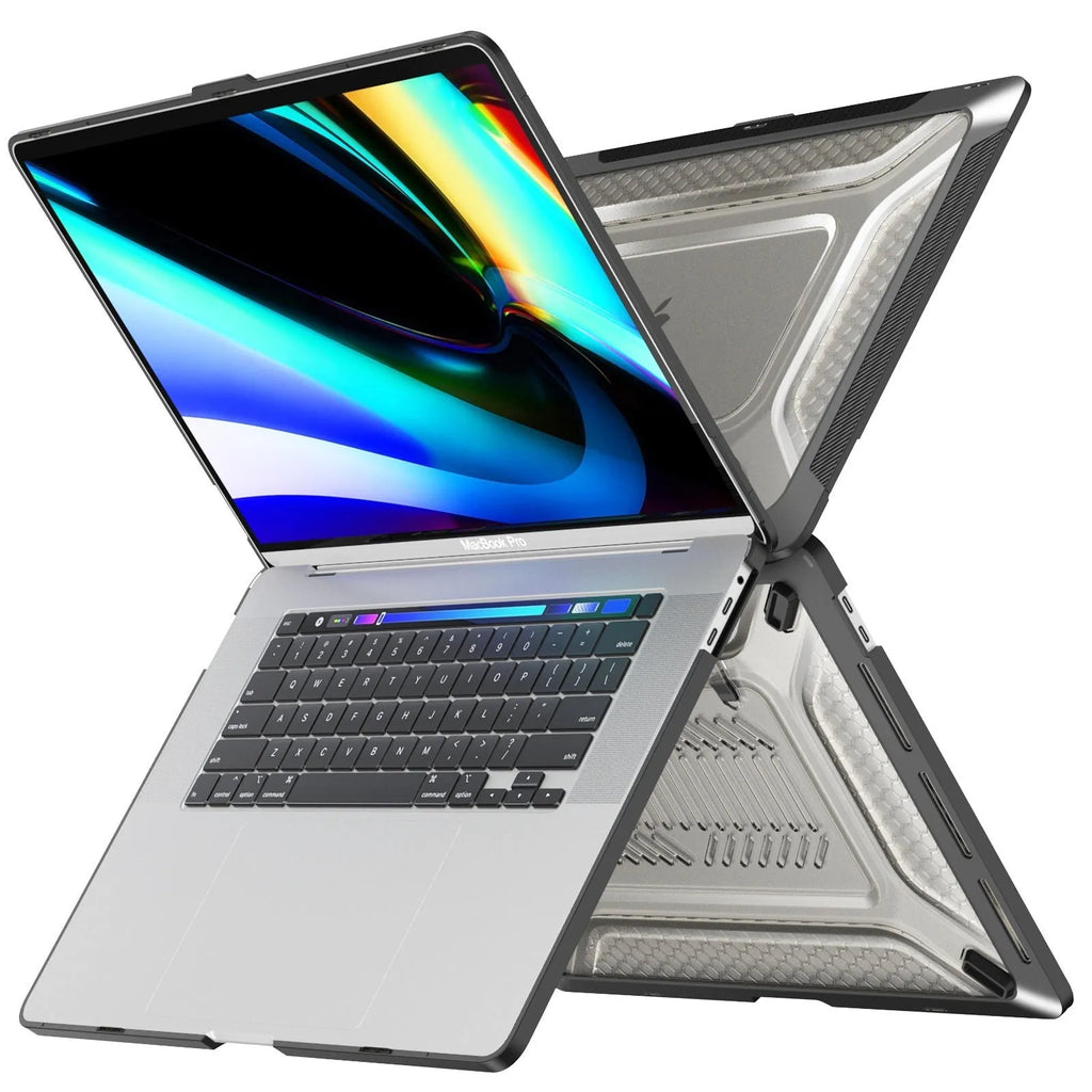 MacBook protective shell in four colours: cool black, starry sky grey, elegant apricot, and sapphire blue.