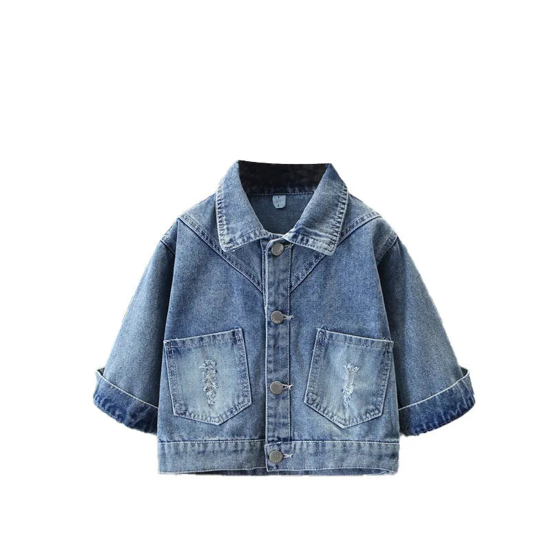 Girls single-breasted denim bow coat in pink or white, cotton fabric, back bow detail, cartoon pattern, spring autumn wear