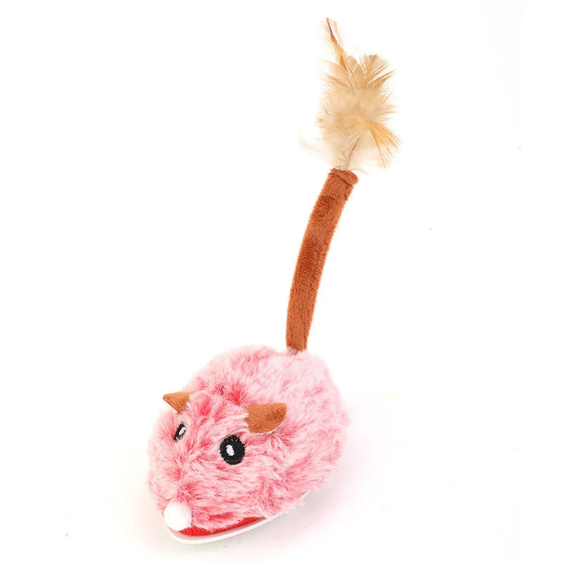 Electric self-moving cat toy with pink plush mouse attachment showing Type-C charging port