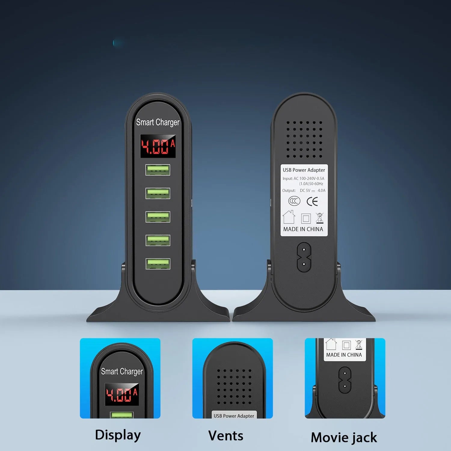 Smart LED digital display USB wall charger in black or white with EU, UK, or US plug options.