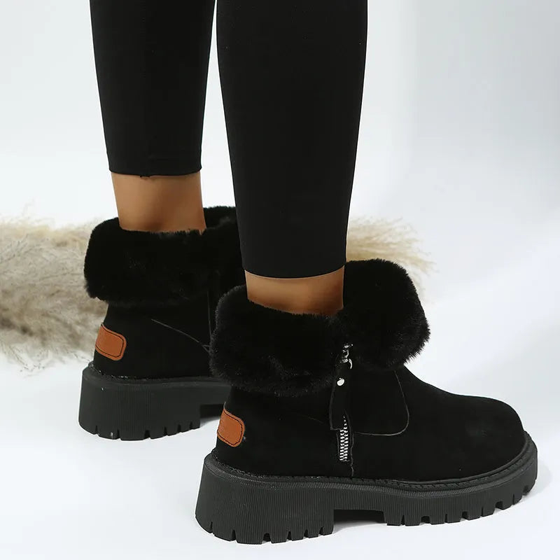Women's black thick plush snow boots with side zipper and high top design.