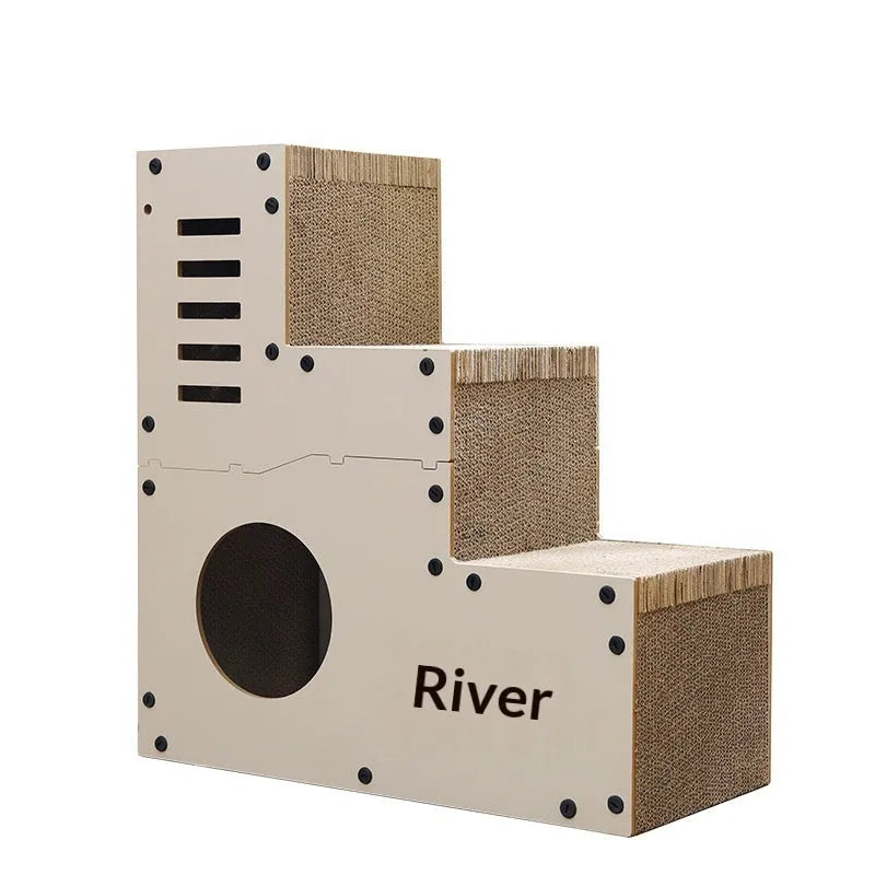 Stair-shaped corrugated cardboard cat scratcher with MDF frame and replacement core