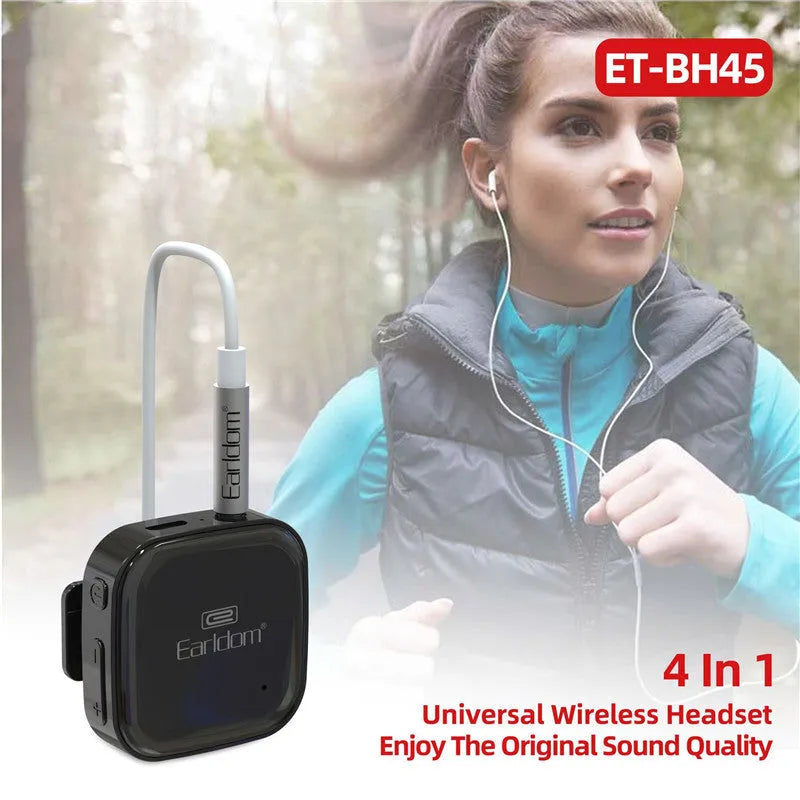 Black Bluetooth audio receiver unit for wireless headphones with lavalier earpiece