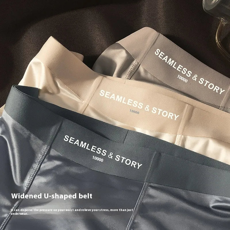 Men's ice silk satin underwear in mid waist cut showing coffee, light grey, white and blue colour options