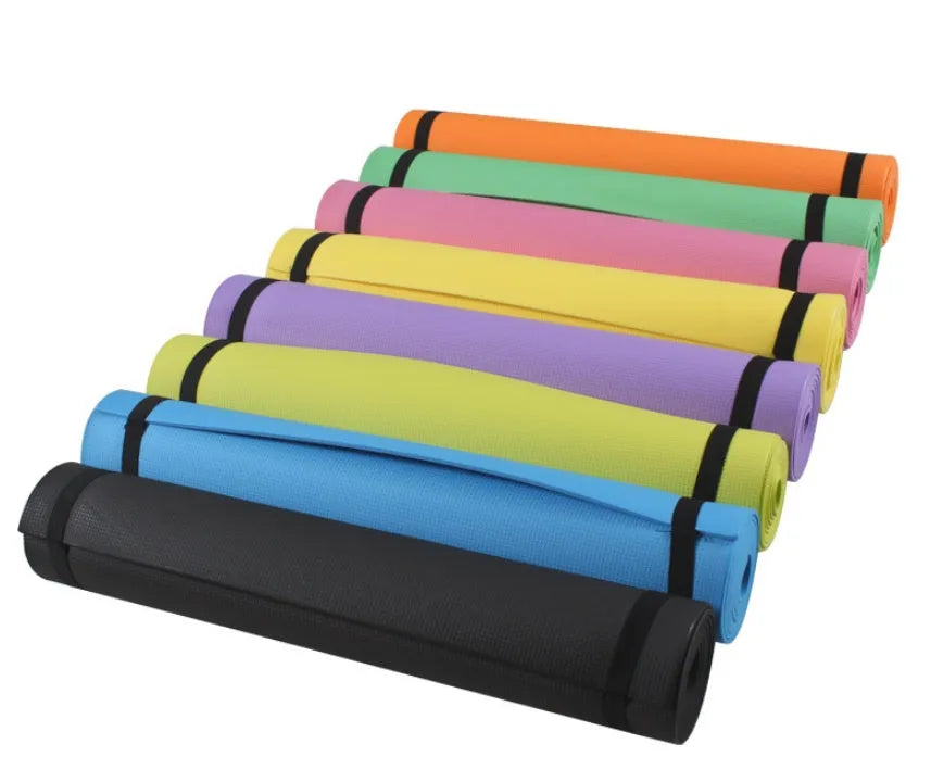 EVA yoga mat in six colours showing 4mm and 6mm thickness options for fitness exercise